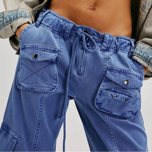 Free People Tahiti Light Blue Cotton Elastic Drawstring Waist Cargo Pants - Picture 2 of 8